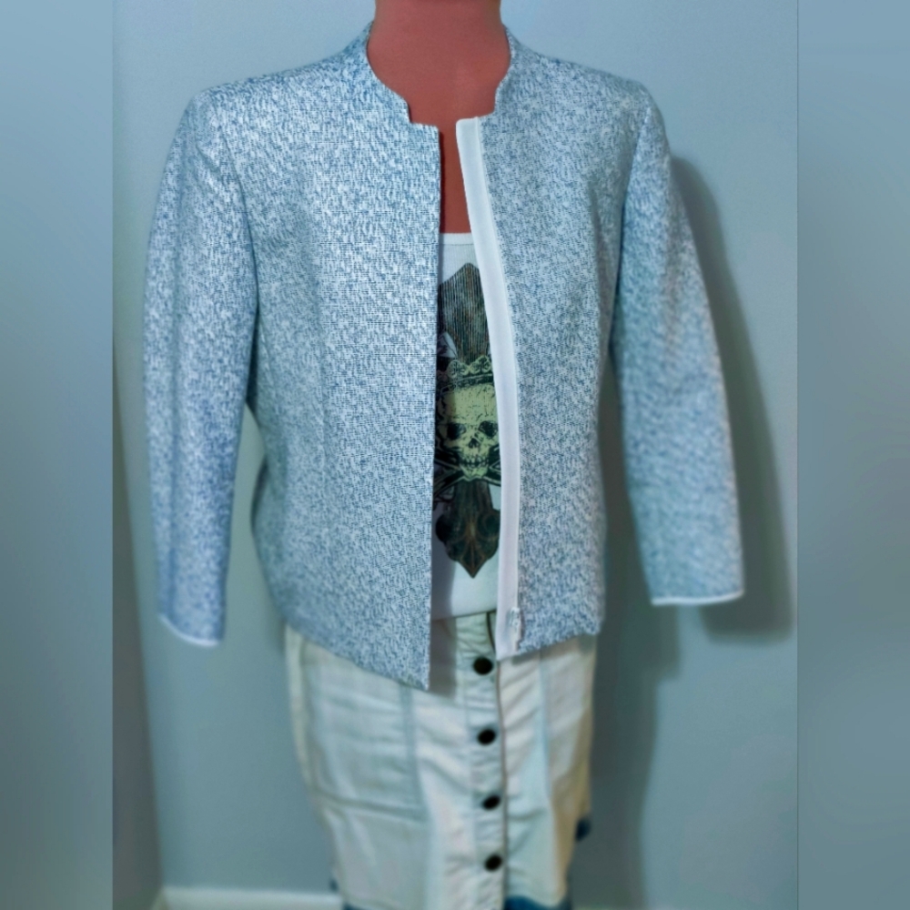 Lafayette 148 Portofino modern minimalist tweed look icy blue blazer iconic  4